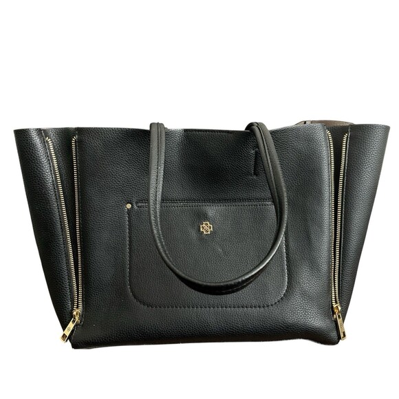 Ann Taylor Pebbled Signature Black Faux Leather Tote Expandable Large - Picture 2 of 9